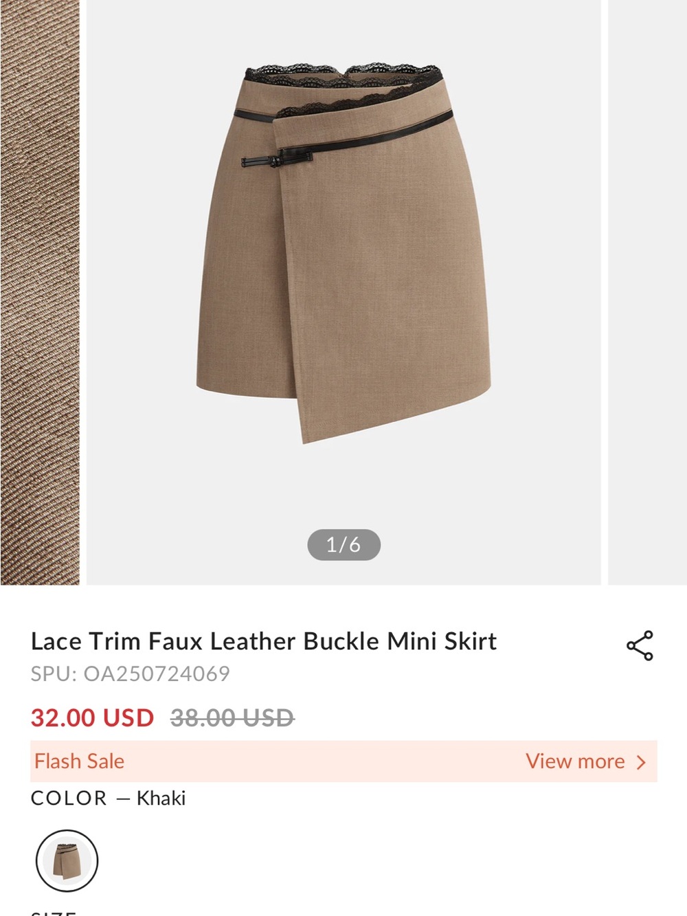 BNWT Commense Khaki Lace-Trim Faux Leather Buckle Mini Skirt